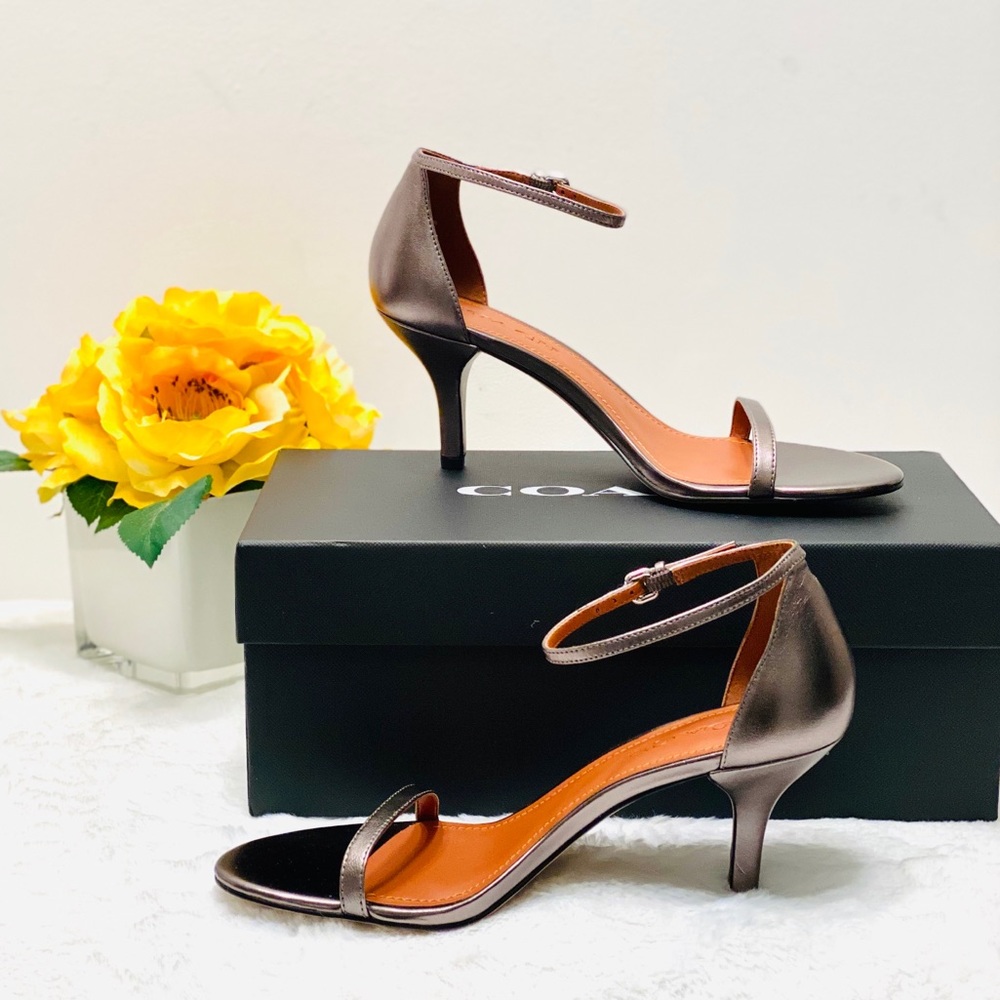 🌹Coach Heeled Sandal w/Ankle Strap, Silver (New)
